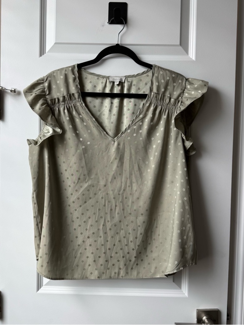 Chenault Polka Dot Satin Feel Blouse Flutter Sleeve Romantic XL